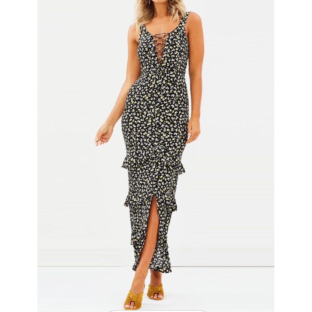 Atmos&Here Black Floral Lace Up Tiered Ruffle Maxi Dress Size 10